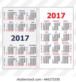 2017 pocket calendar. Template calendar grid. Vertical orientation of days of week. Two options vector  illustration.