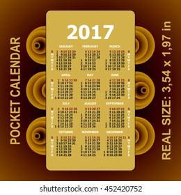 2017 pocket calendar. Template calendar grid. Vertical orientation of days of week. Real size 3.54 x 1.97 in. Vector  illustration.