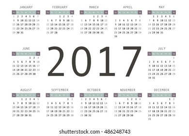 2017 pocket calendar. Template calendar grid. Vertical orientation of days of week. Vector illustration.