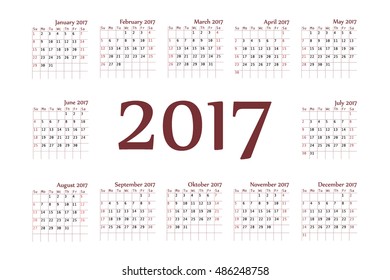2017 pocket calendar. Template calendar grid. Vertical orientation of days of week. Vector illustration.