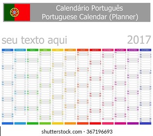 2017 Portuguese Planner Calendar Vertical Months on white background