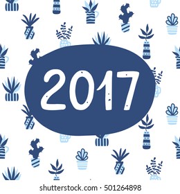2017 poster on succulents pattern background. Trendy typography design for New Year greeting cards, invitations, wall art, home decor. Vector illustration. Scandinavian style
