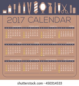 2017 Printable Calendar 12 Months Starts Sunday HairdresserÃ¢??s Tool Concept Vector Illustration