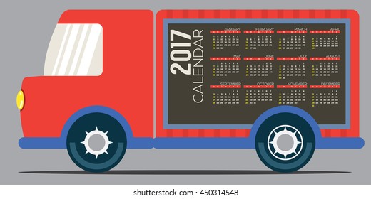 2017 Printable Calendar 12 Months Starts Sunday. Colorful Truck Side Vector Illustration