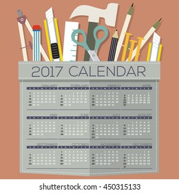 2017 Printable Calendar 12 Months Starts Sunday DIY of Handcrafts Tool Concept Vector Illustration