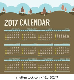 2017 Printable Calendar Starts Sunday Natural Landscape Vintage Color Vector Illustration