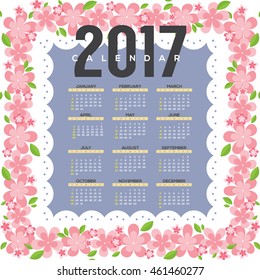 2017 Printable Calendar Starts Sunday Pink Flowers Border Vector Illustration