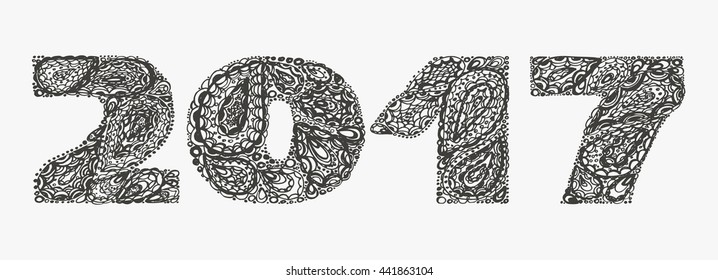 2017 for quote lettering. Happy new year. Decorative Alphabet with a paisley zen doodle tattoo ornaments filling. Display font and numbers. Hand drawn letters in old fashion vintage style. 