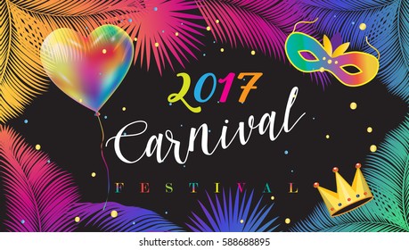 2017 Rio de Janeiro Brazil, Brazilian Carnival, Carnival festival poster vector mask, balloon, confetti. Abstract colorful background. Palm tree leaves frame. Tropical exotic frame Holiday decoration