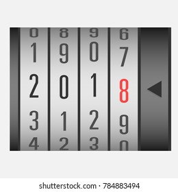 2017 run to 2018 on mechanical counter with digits. white background.