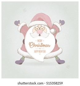  2017. Santa Claus with a welcome gesture. Merry Christmas and happy New Year. Christmas background. Greeting card. Old paper. Sample text. Retro style. Presentation template. Hand drawn illustration