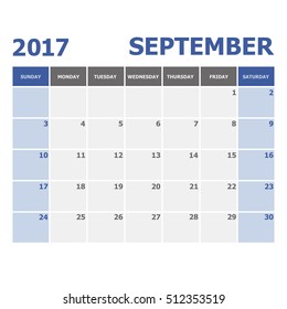2017 September calendar week starts on Sunday, stock vector