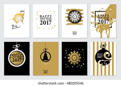 2017 Set of Happy New Year card or background.
Trendy style with hand-lettering words.
Vector illustration
Black, white, gold colors design.
Banner template for flat design. 