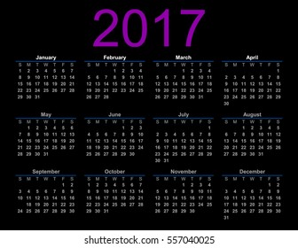2017 simple calendar on the black background. Calendar for 2017.