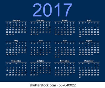 2017 simple calendar on the blue background. Calendar for 2017.