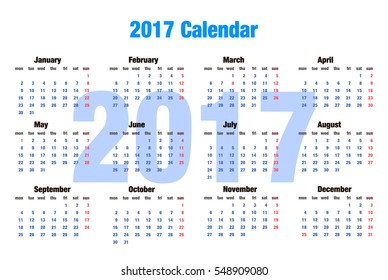 2017 simple calendar on the white background. Calendar for 2017.
