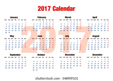 2017 simple calendar on the white background. Calendar for 2017.