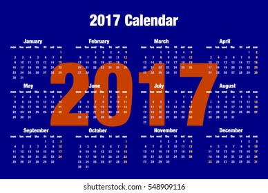 2017 simple calendar on the white background. Calendar for 2017.