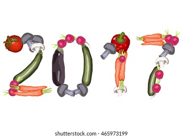 2017 single numbers made of various vegetables on a white background in a landscape format
