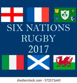 The 2017 Six Nations Championship. Flags Of England, France, Ireland, Italy, Scotland And Wales. Vector Illustration/