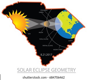 2017 Solar Eclipse Geometry Totality across South Carolina State cities map color vector illustration