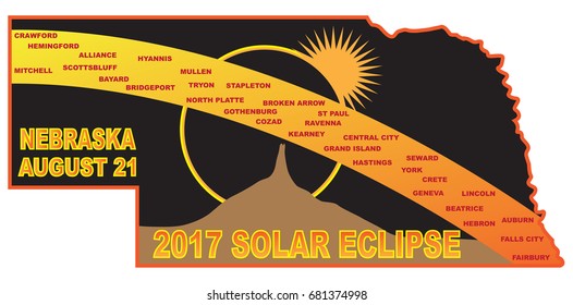2017 Solar Eclipse Totality across Nebraska State cities map color vector illustration