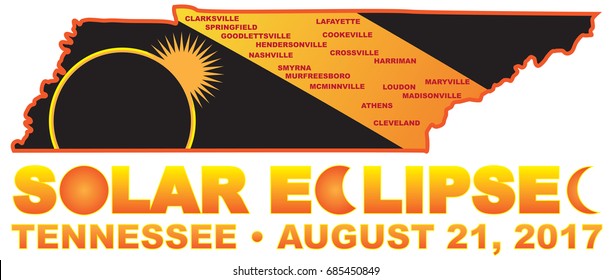 2017 Solar Eclipse Totality across Tennessee State cities map color vector illustration