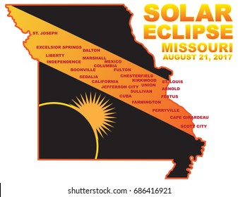 2017 Solar Eclipse Totality across Missouri State cities map color vector illustration