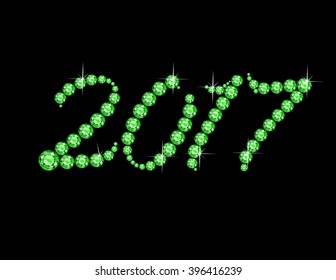 2017 in stunning Peridot Script precious round jewels, isolated on black. Vector EPS-10 file, transparency used. 