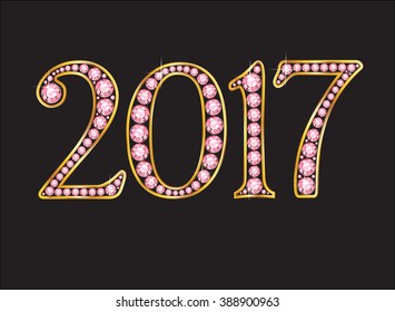 2017 in stunning Rose Quartz precious round jewels set into a 2-level gold gradient channel setting, isolated on black. Vector EPS-10 file, transparency used. 