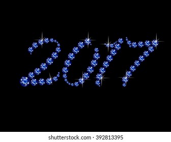 2017 in stunning Sapphire Script precious round jewels, isolated on black. Vector EPS-10 file, transparency used. 