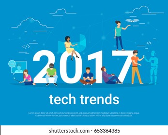 2017 tech trends concept illustration of young people using modern technologies such as virtual reality helmet, gadgets for augmented reality and remote controlled drone. Flat people and future apps