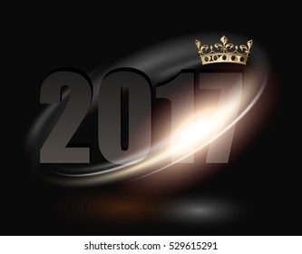 2017 text with golden crown. Circular lens flare transparent light effect beautiful ellipse border. Vector circle illustration on black background
