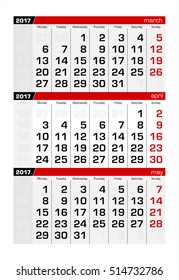 2017 Three-Month Calendar april