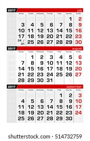 2017 Three-Month Calendar august