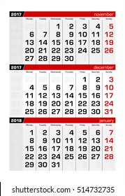 2017 Three-Month Calendar december