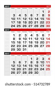 2017 Three-Month Calendar may