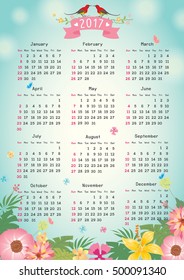 2017 twelve month calendar with flowers background.Illustration vector.