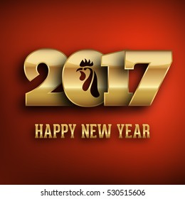2017 - typographic new year greeting design with rooster sign - gold typography on a red background
