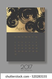 2017 vector April calendar card. Creative image on a gold foil background. Can be used as printed or screen images.
