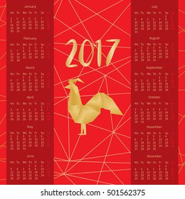 2017 vector calendar. Chinese New Year of the red Rooster. Origami geometric trendy style.  