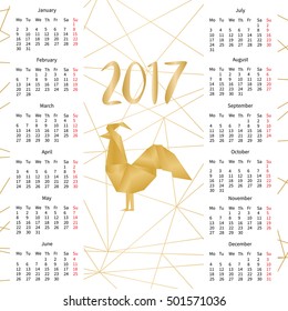 2017 vector calendar. Chinese New Year of the red Rooster. Origami geometric trendy style.  