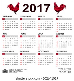 2017 vector calendar. Chinese New Year of the red Rooster. Origami geometric trendy style.