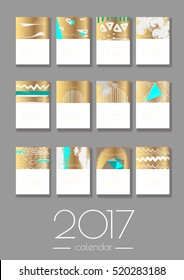 2017 vector calendar. Each moth designed on a separate card. Creative images on a gold foil background, full collection. Can be used as printed or screen images