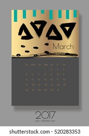 2017 vector calendar. March card. Creative image on a gold foil background. Can be used as printed or screen images.