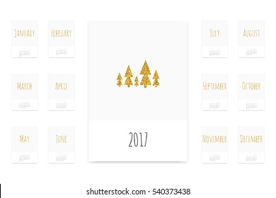 2017 vector calendar. Simple clean minimalistic pages with golden glitter titles and blank page vector template. Weeks start from Monday.