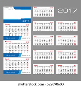 2017 Vector calendar template. Three month grid with numbers of weeks. Includes space for image and text. Used for web and print design.