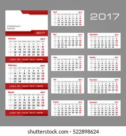 2017 Vector calendar template. Three month grid with numbers of weeks. Includes space for image and text. Used for web and print design.