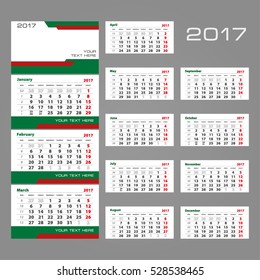 2017 Vector calendar template. Three month grid with numbers of weeks. Includes space for image and text. Used for web and print design.