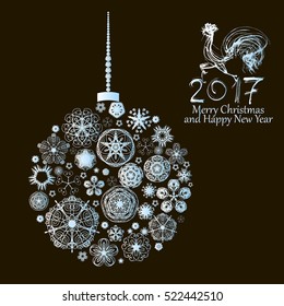 2017 vector design Christmas card with decorative balls and cock